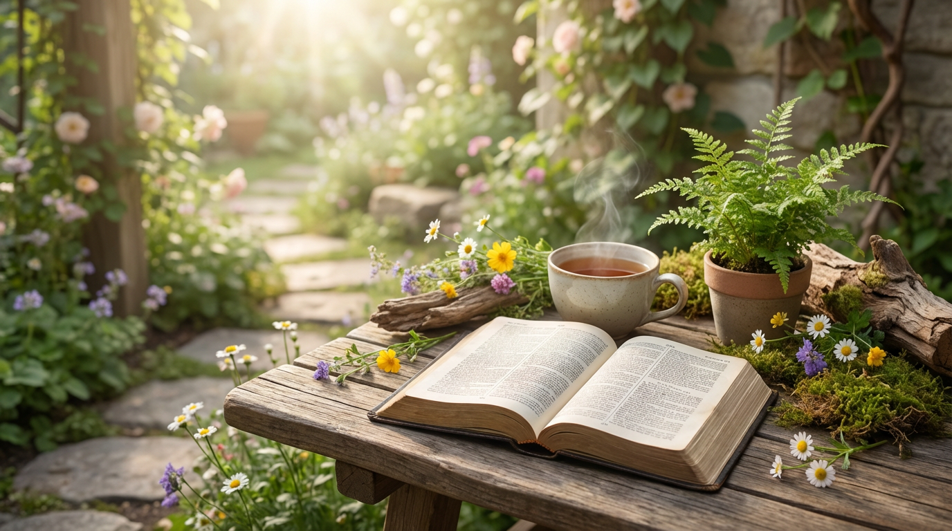 Bíblia aberta em um jardim